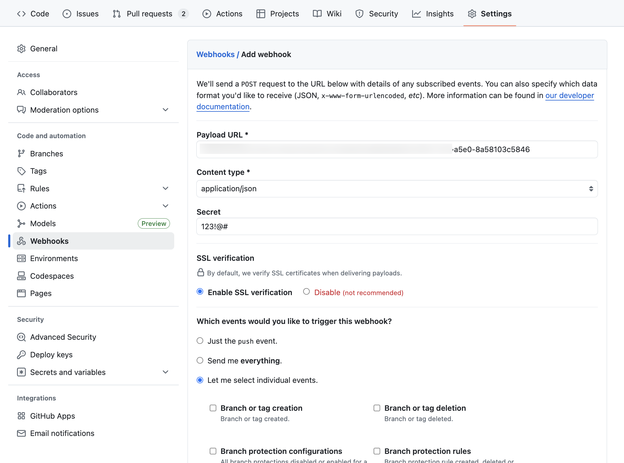 Creating a GitHub webhook in GitHub repository