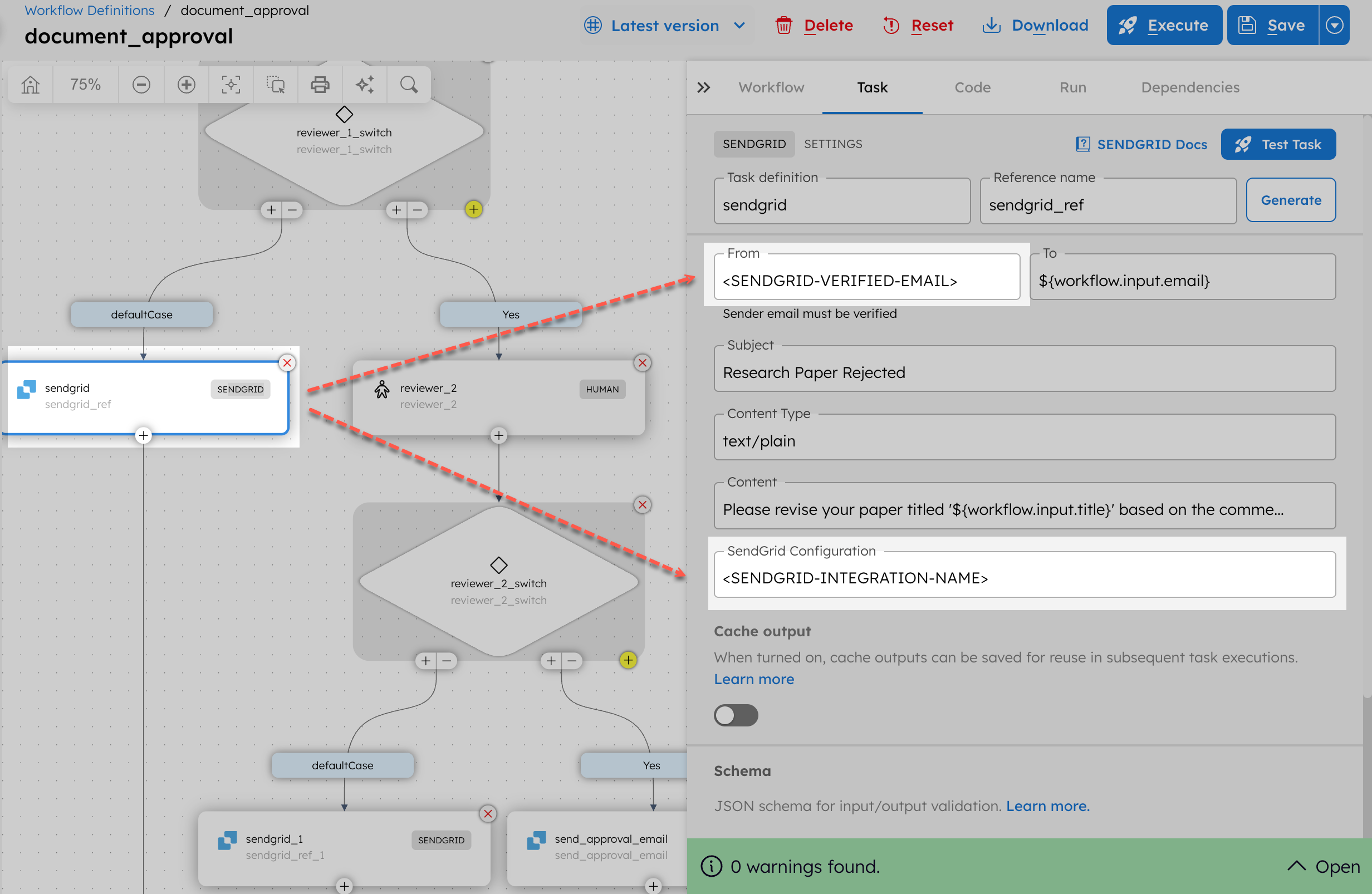 Updating SendGrid task with email and integration details