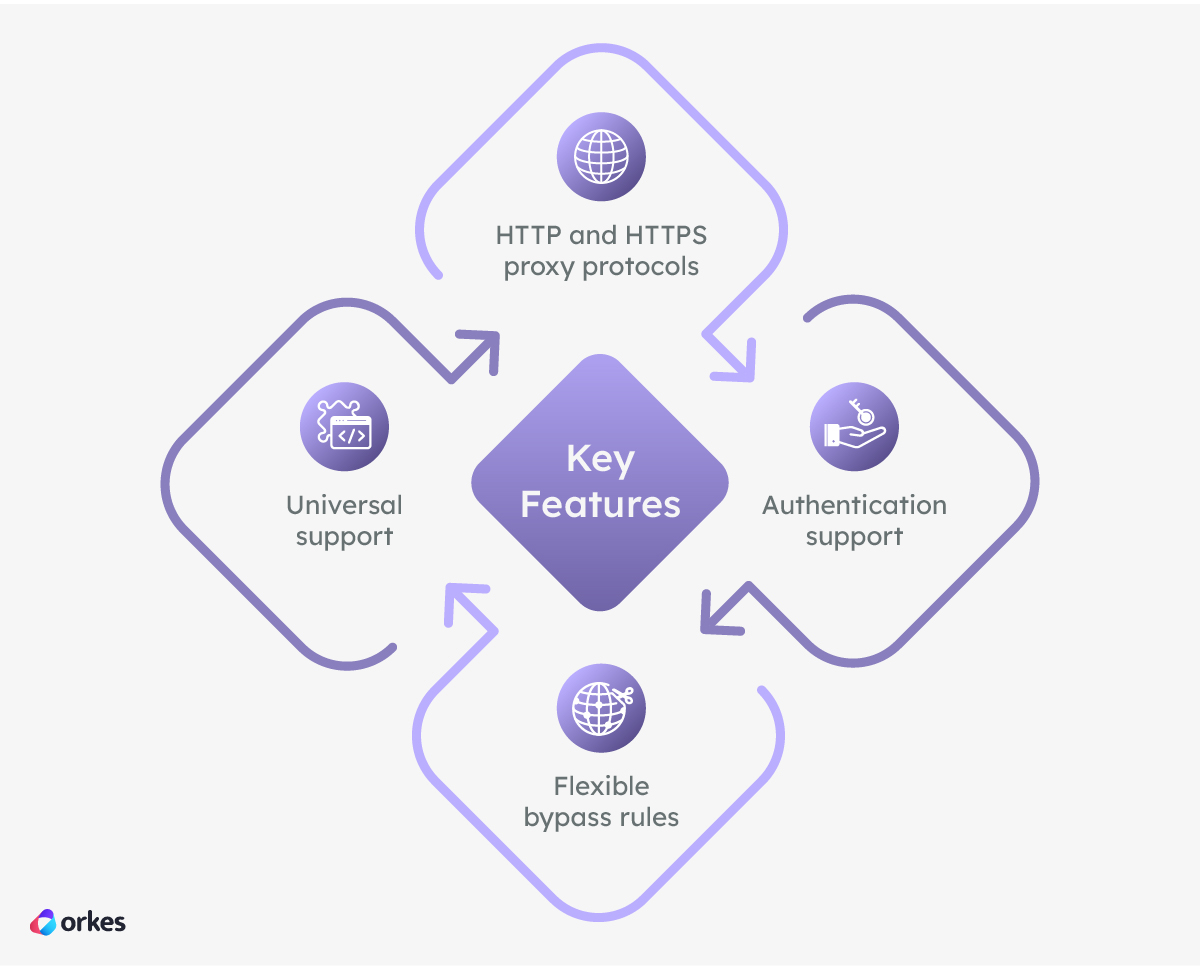 Infographic of the Proxy Support features: HTTP and HTTPS proxy protocols, Authentication support, Flexible bypass rules, Universal support.