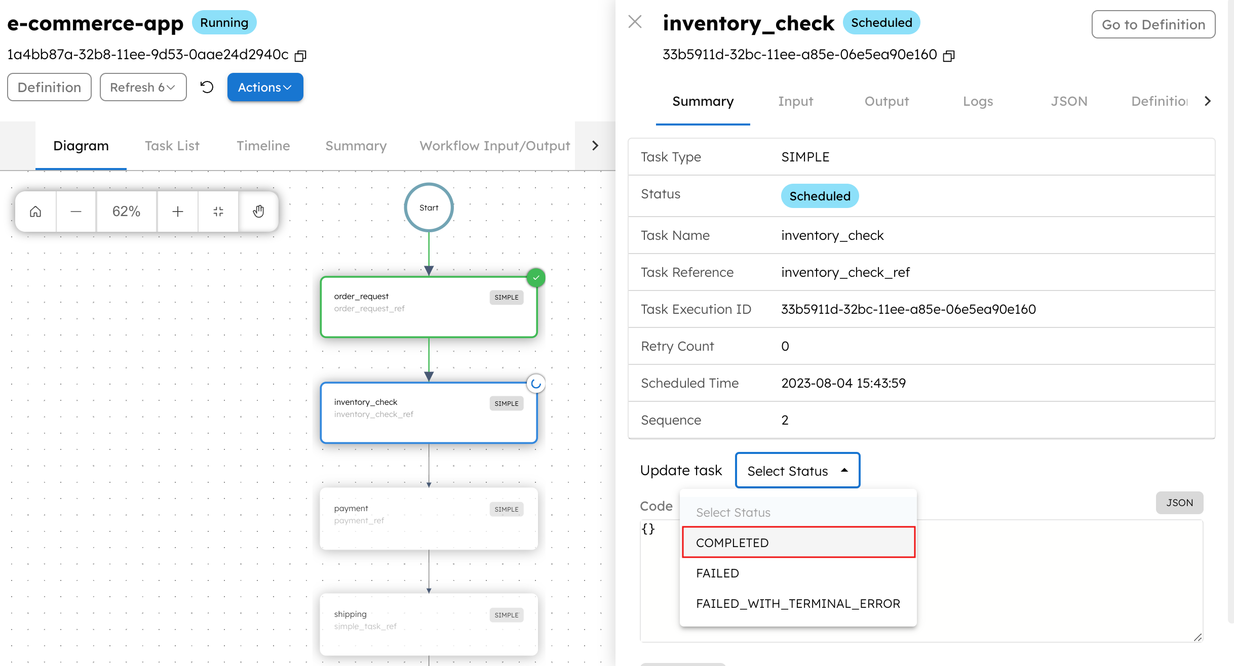Manually completing the task from Conductor UI