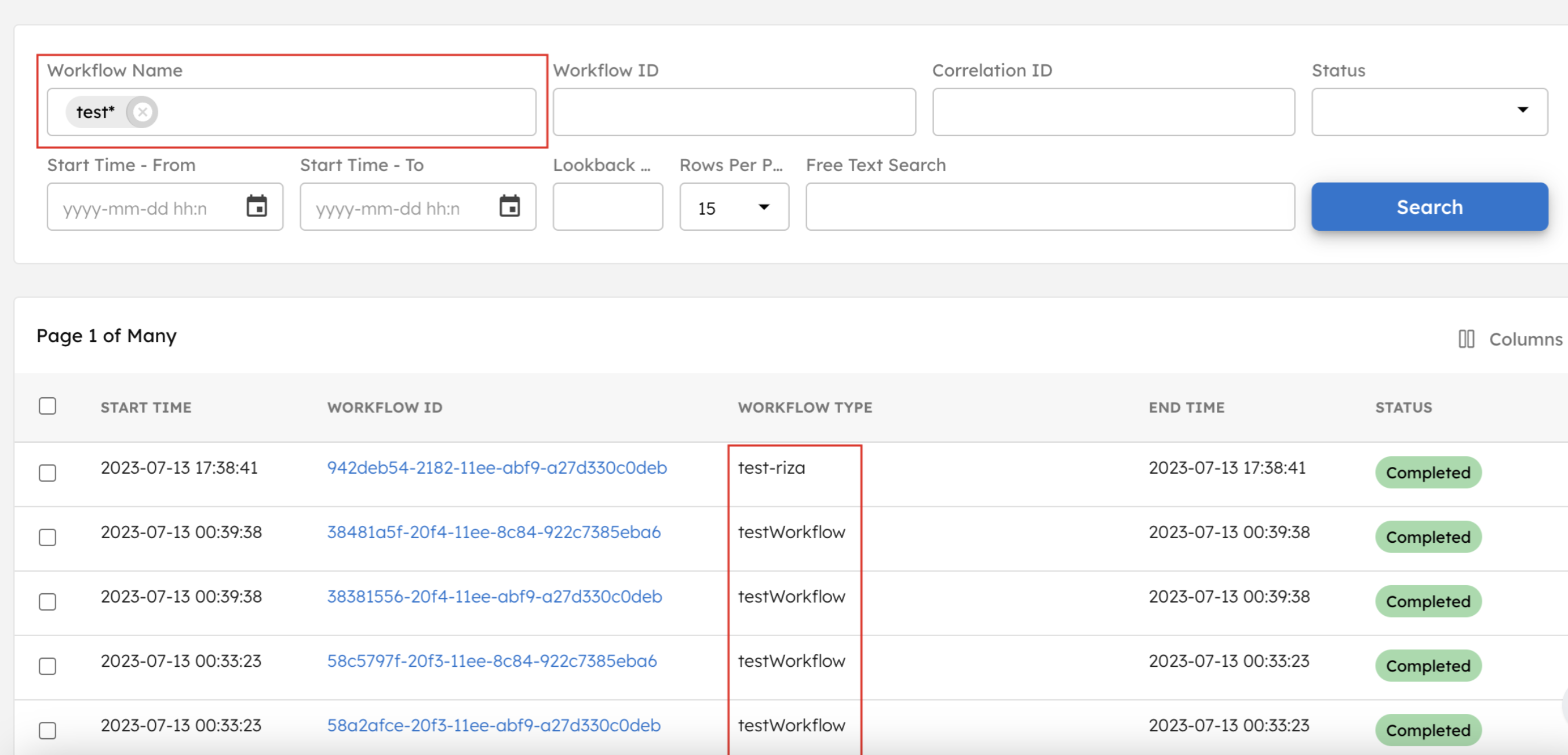 Partial workflow search using wildcards