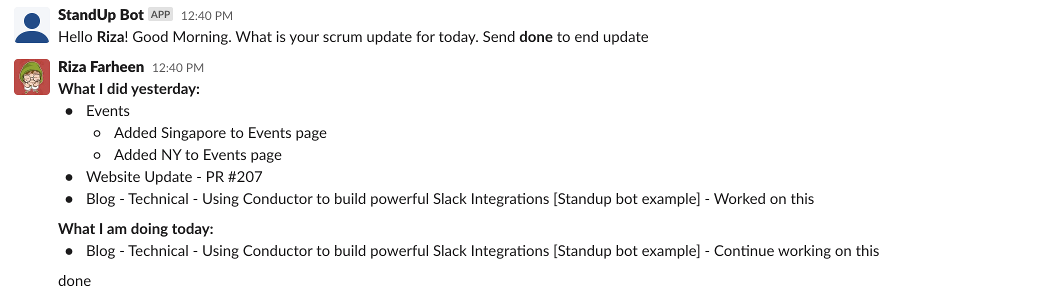 User providing the updates to the Bot